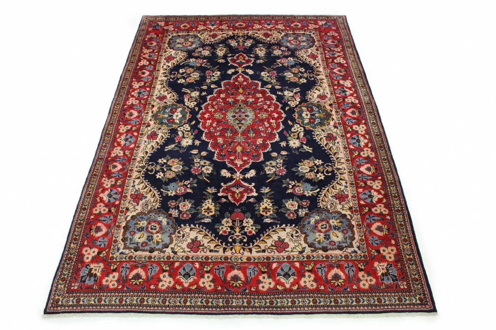 **Klassischer Orientteppich Hamadan 300x210 cm – Rote Bordüre, florales Design mit Medallion, handgeknüpft, Perserteppich**