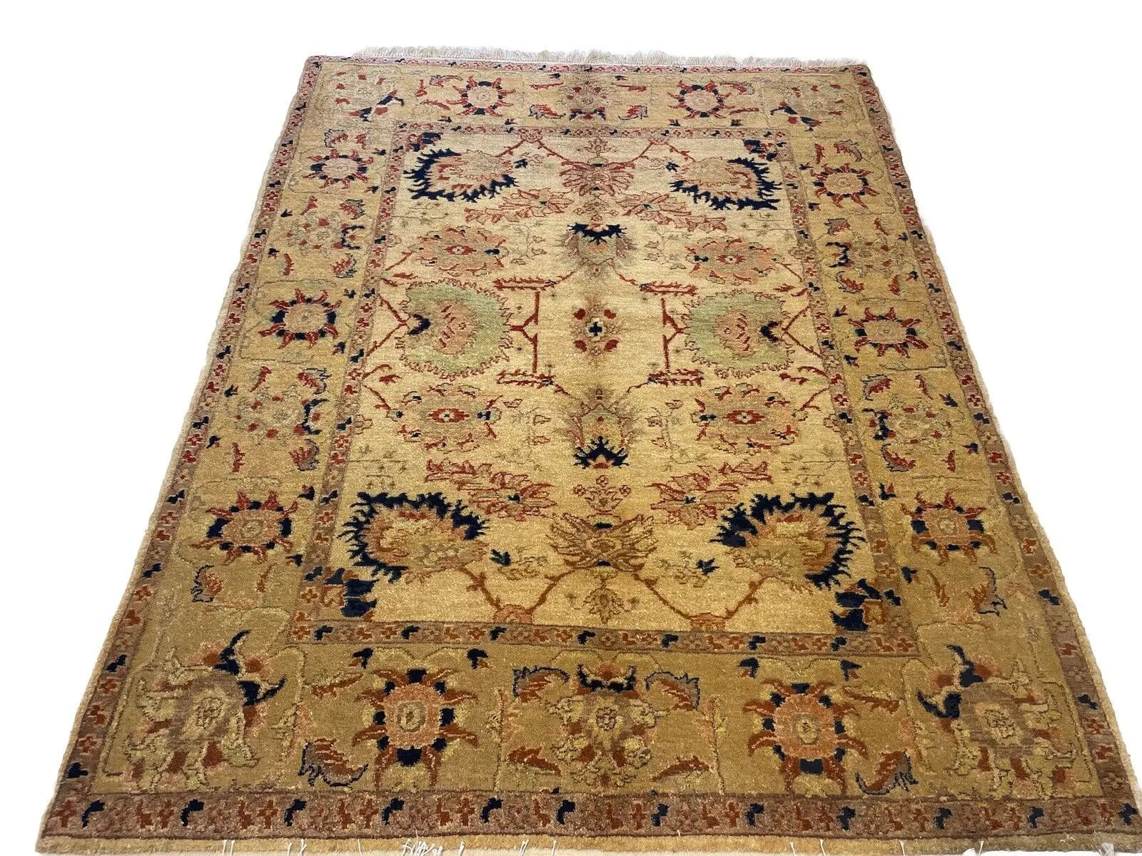 Klassischer Ziegler Orientteppich 200x150 cm, 12mm Florhöhe, handgeknüpft aus handgesponnener Wolle, beige, für Fußbodenheizung, Perserteppich, handgeknüpft