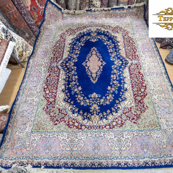 W1(#301) environ 400*300cm Tapis persan unique et rare noué à la main Kerman Kirman 360.000 XNUMX/m² tapis bleu (Perse) rareté