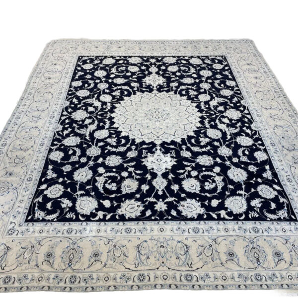 Top class Nain 6 LA m, silk dark blue hand-knotted Persian carpet 300x250