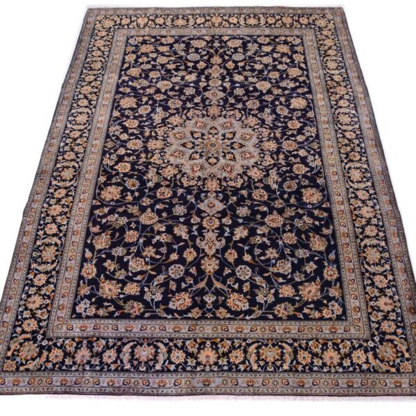 H1 Medailónový dizajn perzský koberec, ručne viazaný z Kashanu, modrý, 406 x 280 cm
