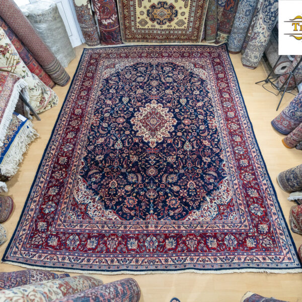 W1 (#370) 350 x 270 cm, ar rokām mezglots Kašaņas daļēji antīks īsts persiešu paklājs
