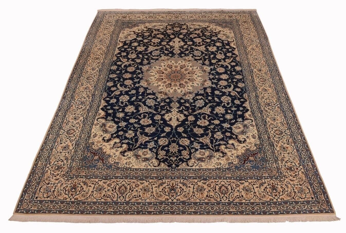 Handgeknüpfter Orientteppich Perser Nain 6 La in Blau, 300x204 cm, aus sehr feiner Schurwolle