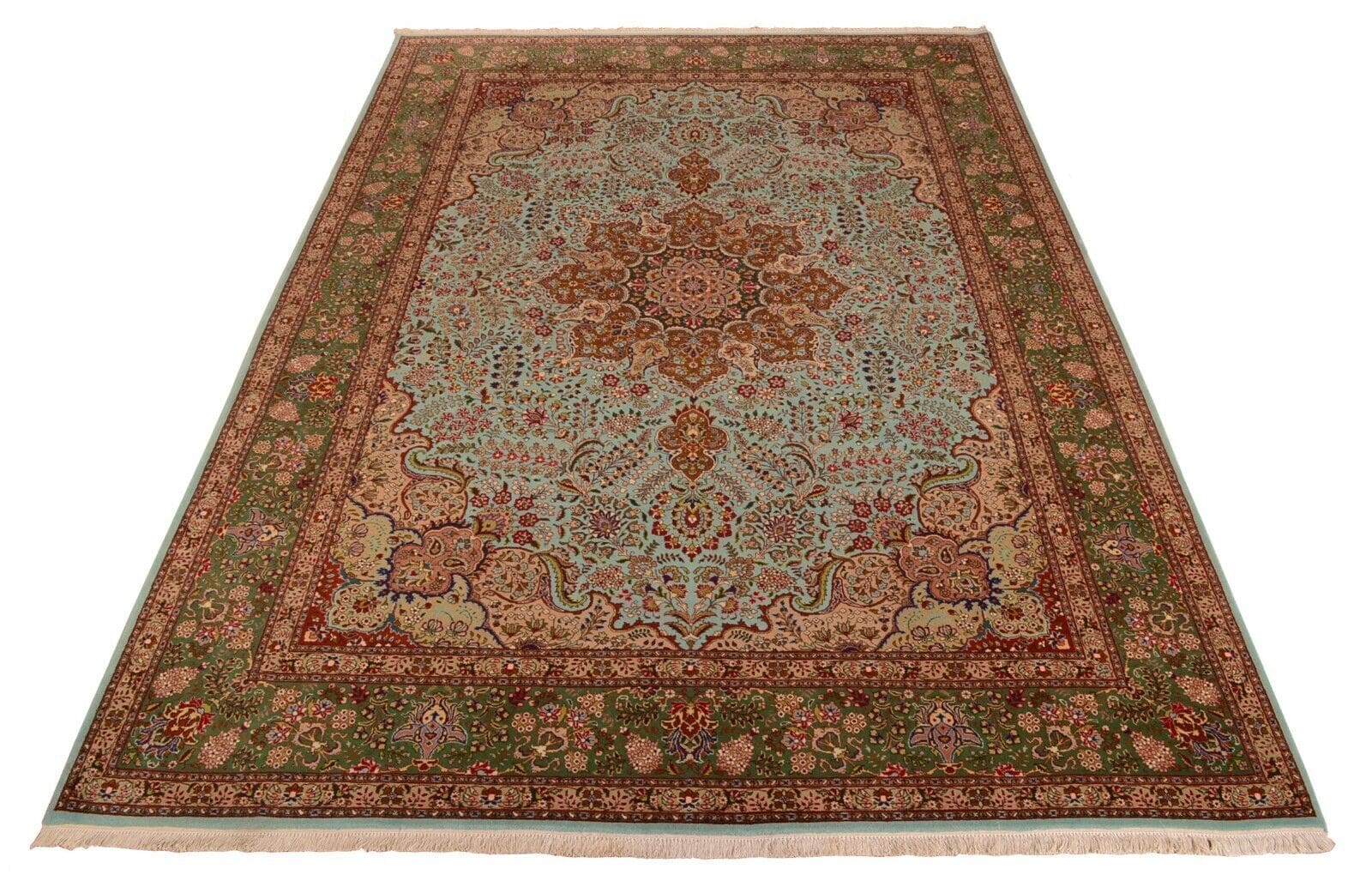 Handgeknüpfter Perserteppich in Türkis aus Tabriz, signiert, 343x255 cm, Woll-Orientteppich