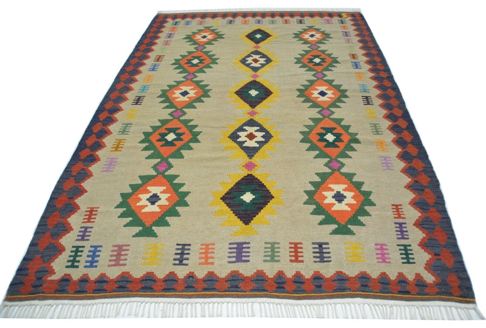 Handgewebter Ghashgai Kelim Teppich aus Wolle in Naturfarbe, 293 x 198 cm