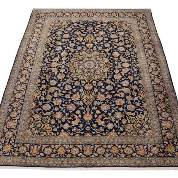 Kashan Orientteppich 391 x 300 cm, handgeknüpft, Perserteppich mit Medaillon in Blau, neu