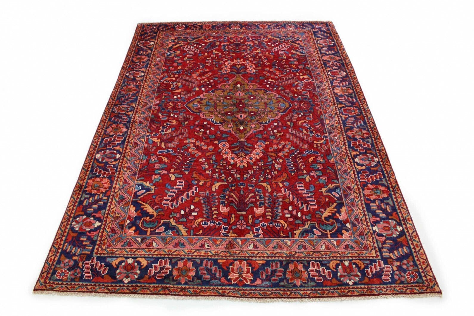 **Klassischer Orientteppich Lilian Rot Blau 350x240 cm – Florales Design mit Medallion und dekorierten Ecken, handgeknüpft, Perserteppich**