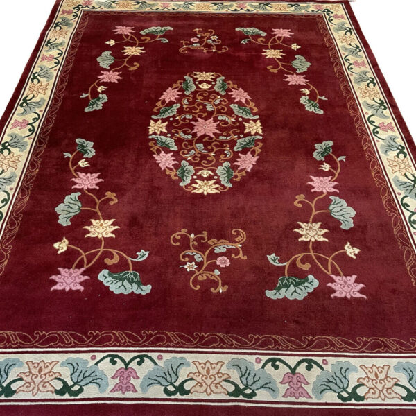 H1 Klassischer Peking Chinateppich 350x250 – Hochflor 2cm, rotes Feld mit beiger Bordüre, sehr feiner Teppich – handgeknüpft, Perserteppich