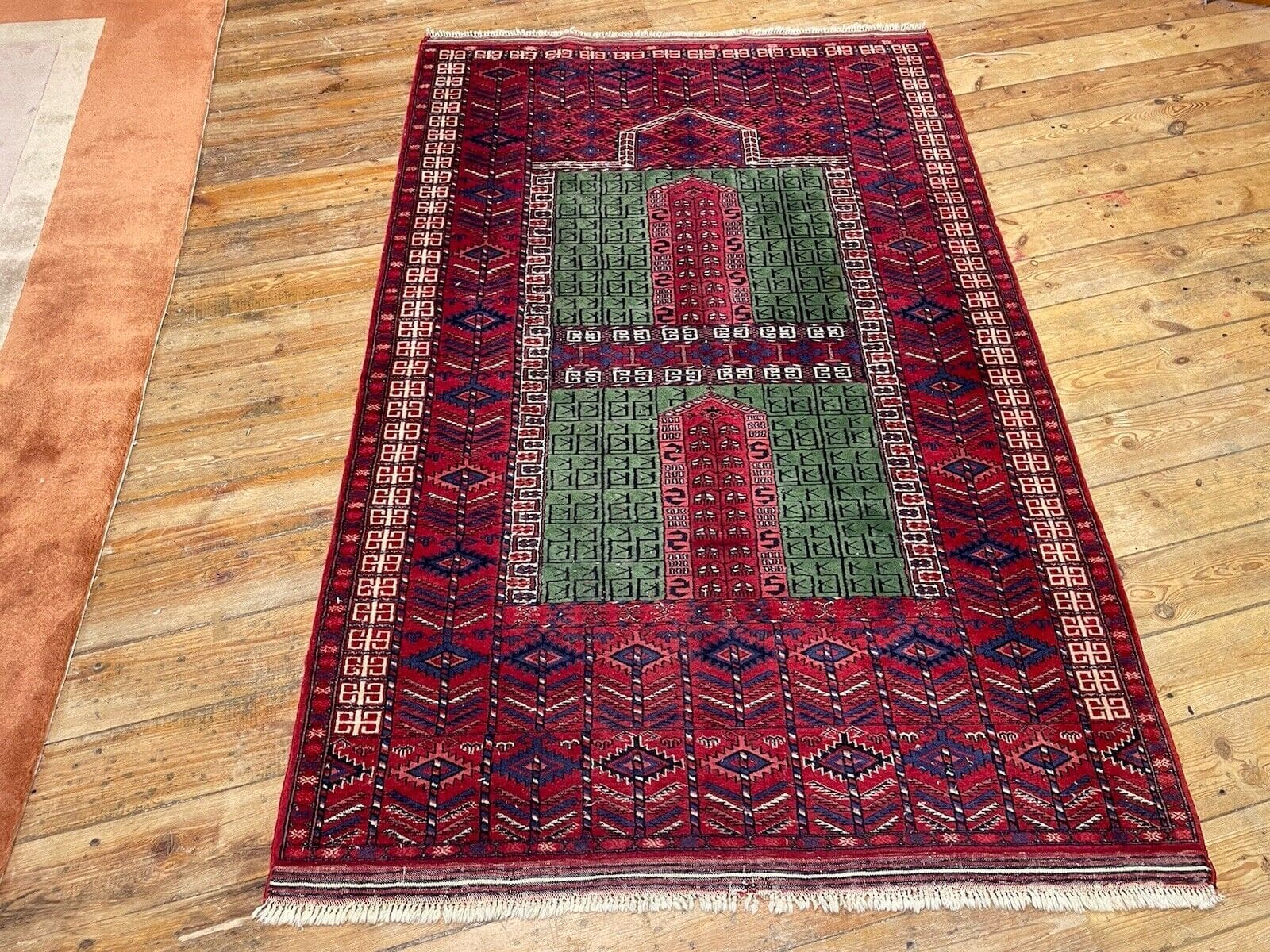 Antiker Afghan Khal Mohammadi Teppich 193x125 cm - Extrem fein, orientalisch-asiatisches Design in Grün und Rot, 6mm Florhöhe - handgeknüpft, Perserteppich