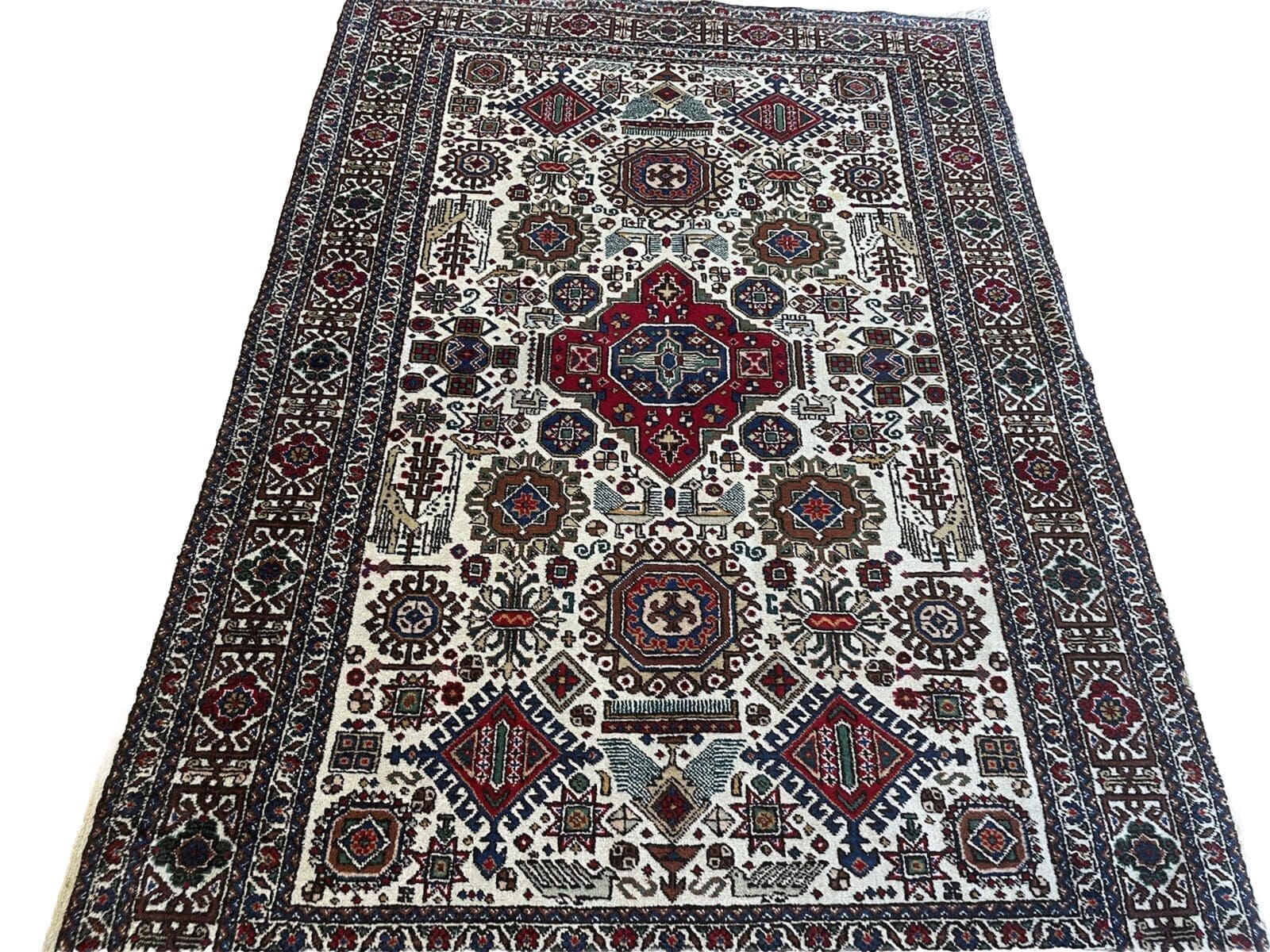 Antiker Afschar Brücke 230x135 cm – Top Zustand, Pflanzenfarbe, beige Bordüre, traditionelle Details – handgeknüpft, Perserteppich