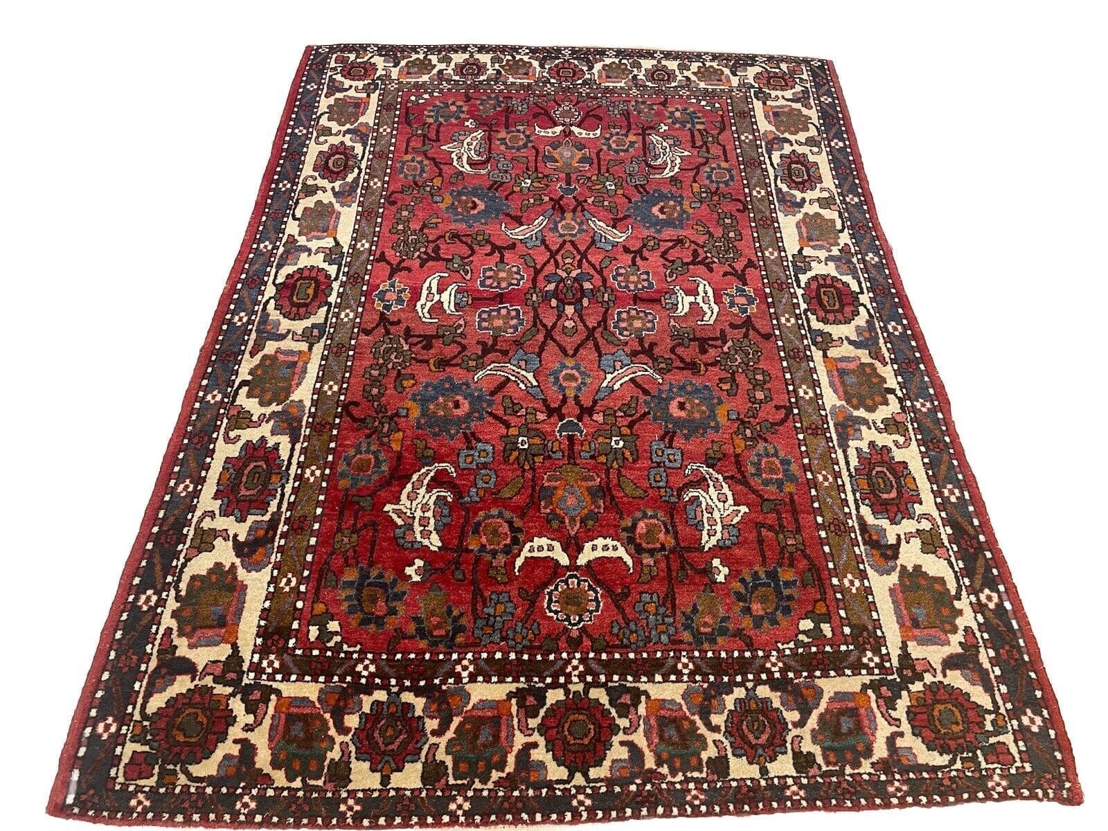 Antiker Esfahan Perserteppich 200x150 cm - Top Qualität im besten Zustand, schmale beige Bordüre, traditionelles Nomaden-Design, handgeknüpft, Perserteppich