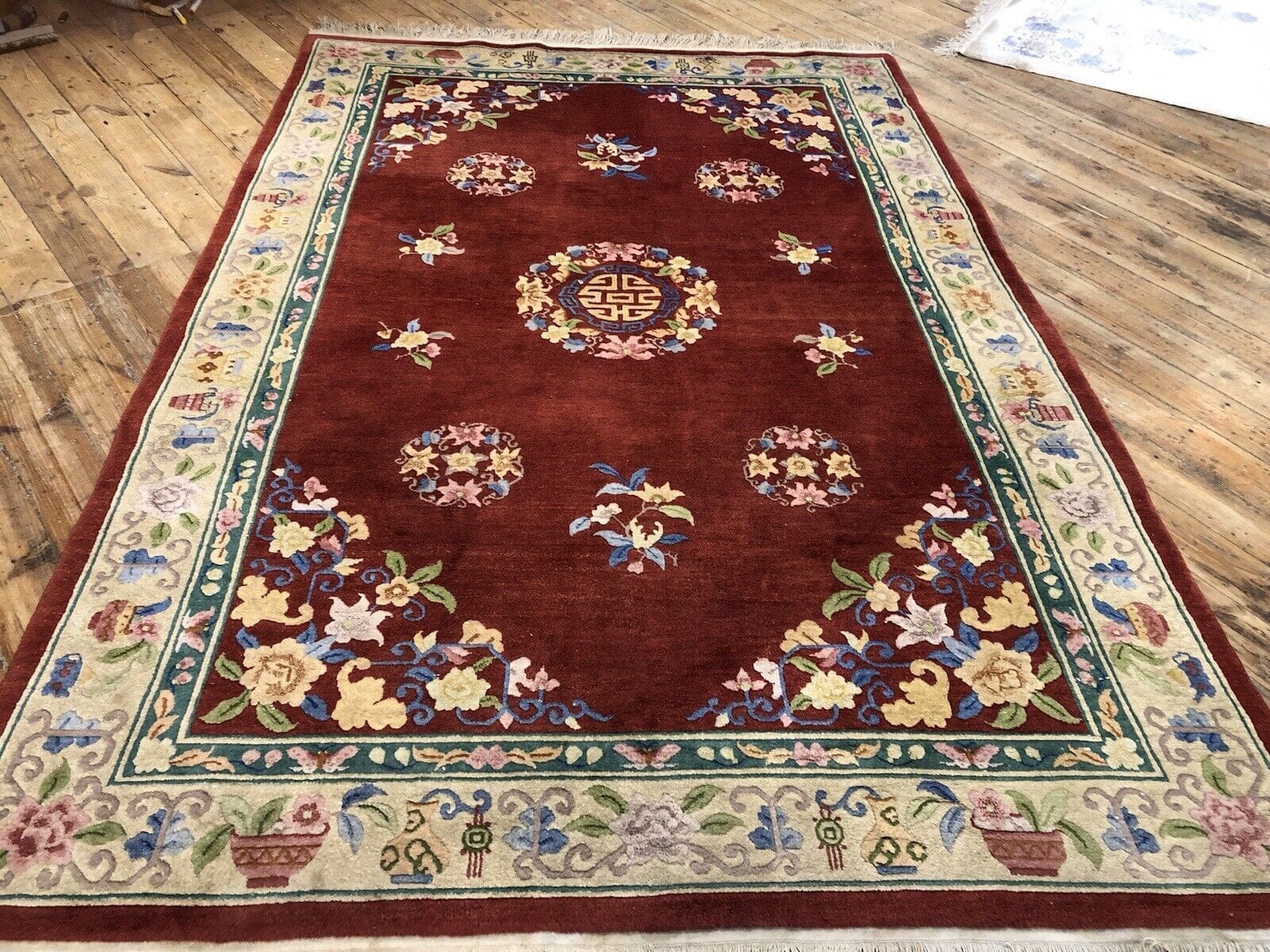 Antiker Peking Perserteppich 290x190 cm - Handgeknüpft, Top Zustand, Gobelin Design, Weinrot, 20 mm Florhöhe, für Fußbodenheizung, Exklusive Eleganz