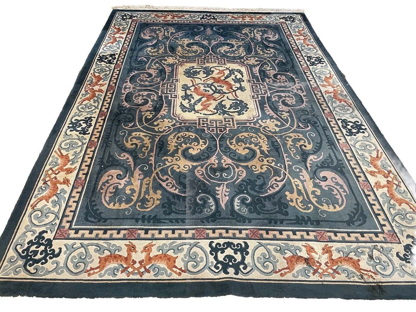 Antiker Peking Teppich 305x205 cm, 20 mm Florhöhe, reiner Schurwolle, blau-petrol, zertifiziert, handgeknüpft, Perserteppich