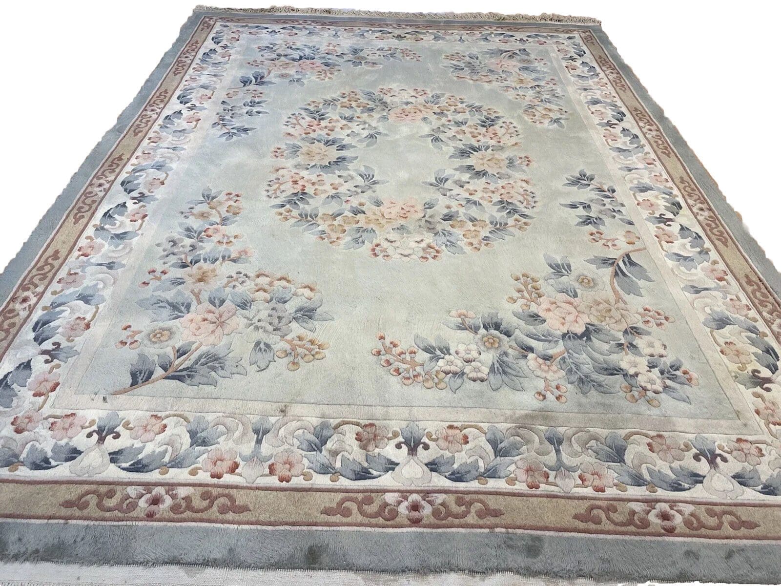 **Antiker Peking Teppich 350x250 cm – Leuchtende Farben, Gobelin Design, Top Zustand, Pastell Grün – handgeknüpft, Perserteppich**