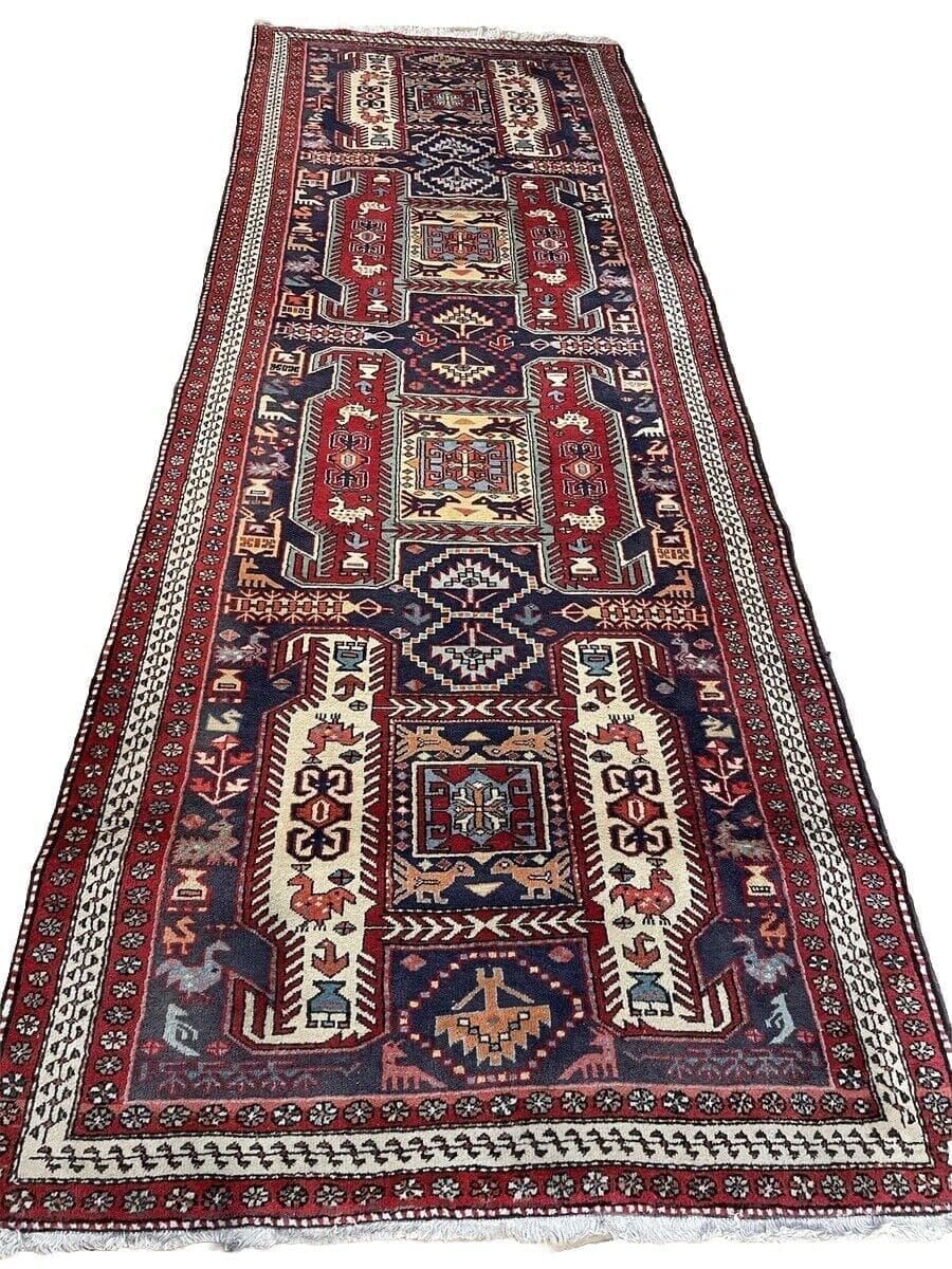 Antiker Perserteppich 314x114 cm, 150.000 Knoten/m², geometrisches Muster in Schwarz, Florhöhe 8mm, für Fußbodenheizung geeignet, handgeknüpft, Perserteppich Läufer