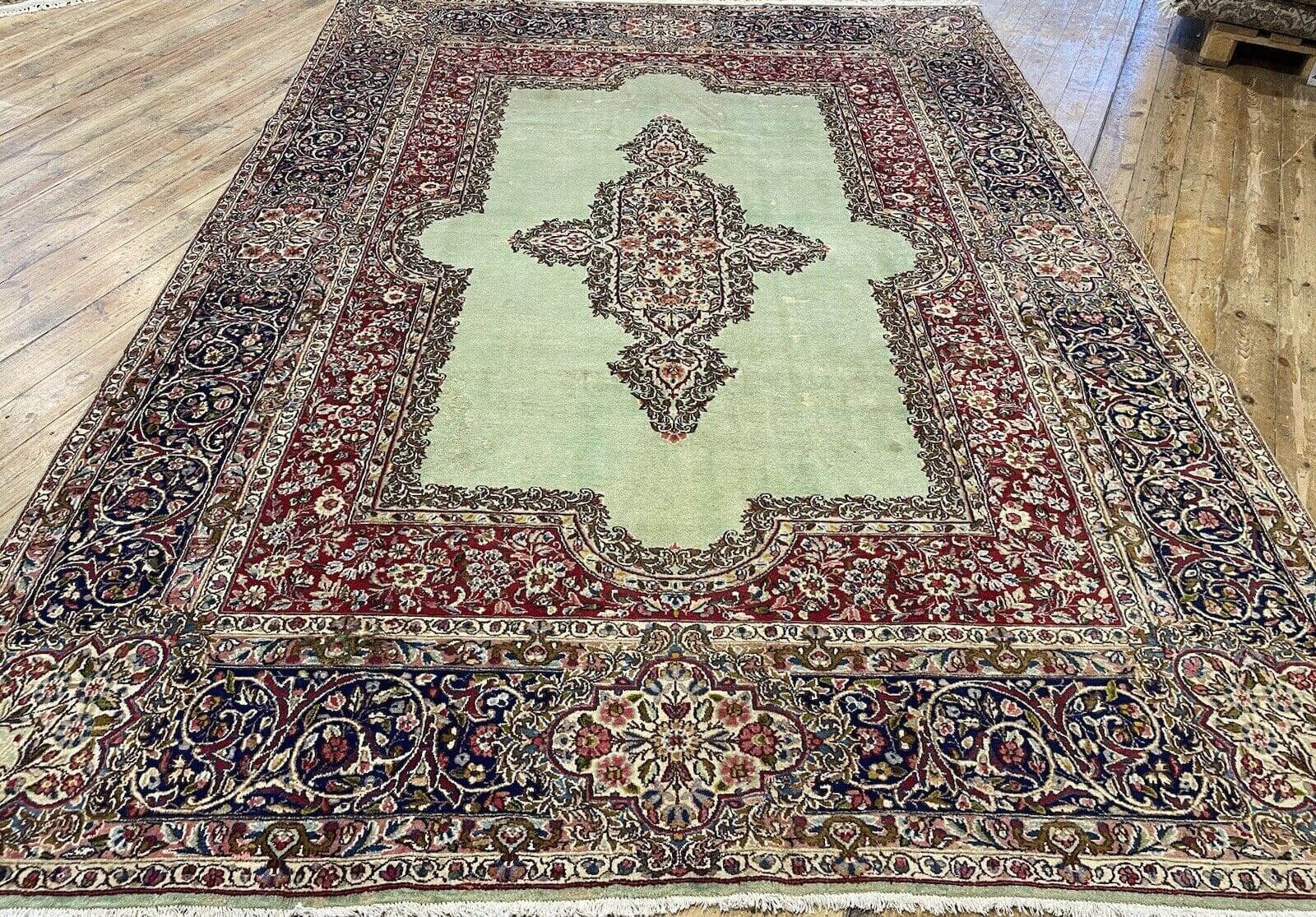 Antiker seltener Kerman Teppich 250x350 cm mit 400.000 Knoten – Grünes Spiegel Muster, handgeknüpft, Perserteppich H1