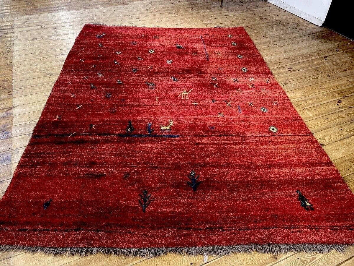 Eleganter Gabbeh Perserteppich Rot 260x210 cm – 100% Handgeknüpft aus reiner Wolle – Neu