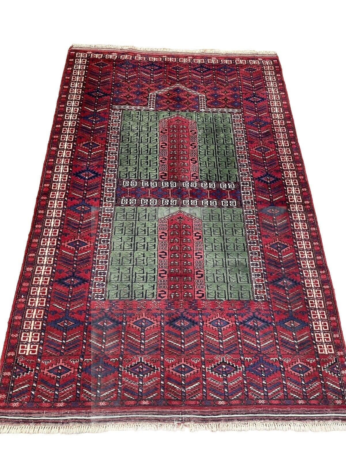Exklusiver Afghanischer Hatschlu Teppich 193x123 cm, Extrem feiner Handgeknüpft, Geometrische Muster in Grün und Rot, 6mm Florhöhe, Selten, handgeknüpft, Perserteppich