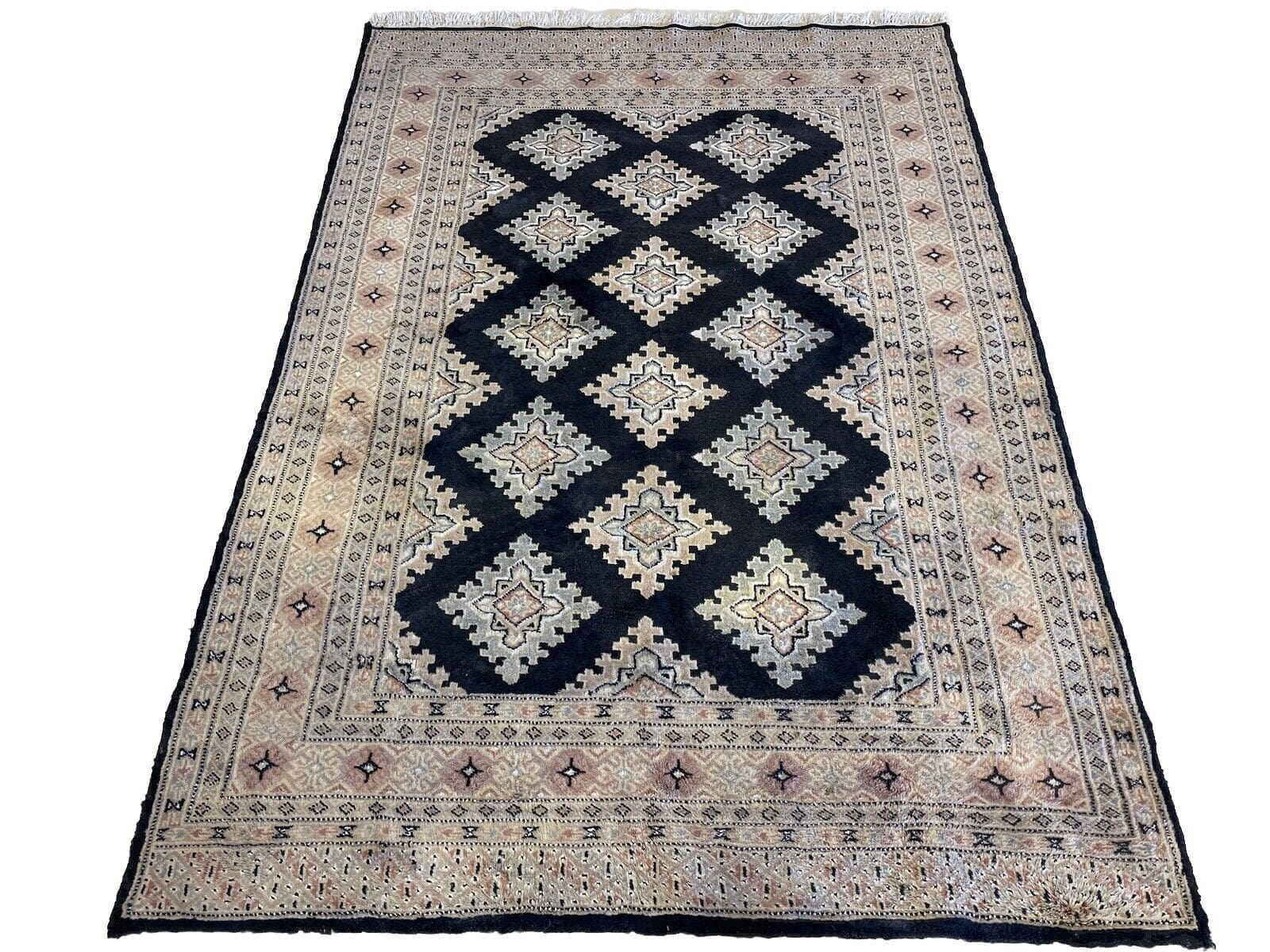 Exklusiver Pakistanischer Bochara Teppich 180x120 cm - Dunkelblau, Florhöhe 0,5 cm, Geometrisches Muster, 100% Schurwolle, handgeknüpft, Perserteppich
