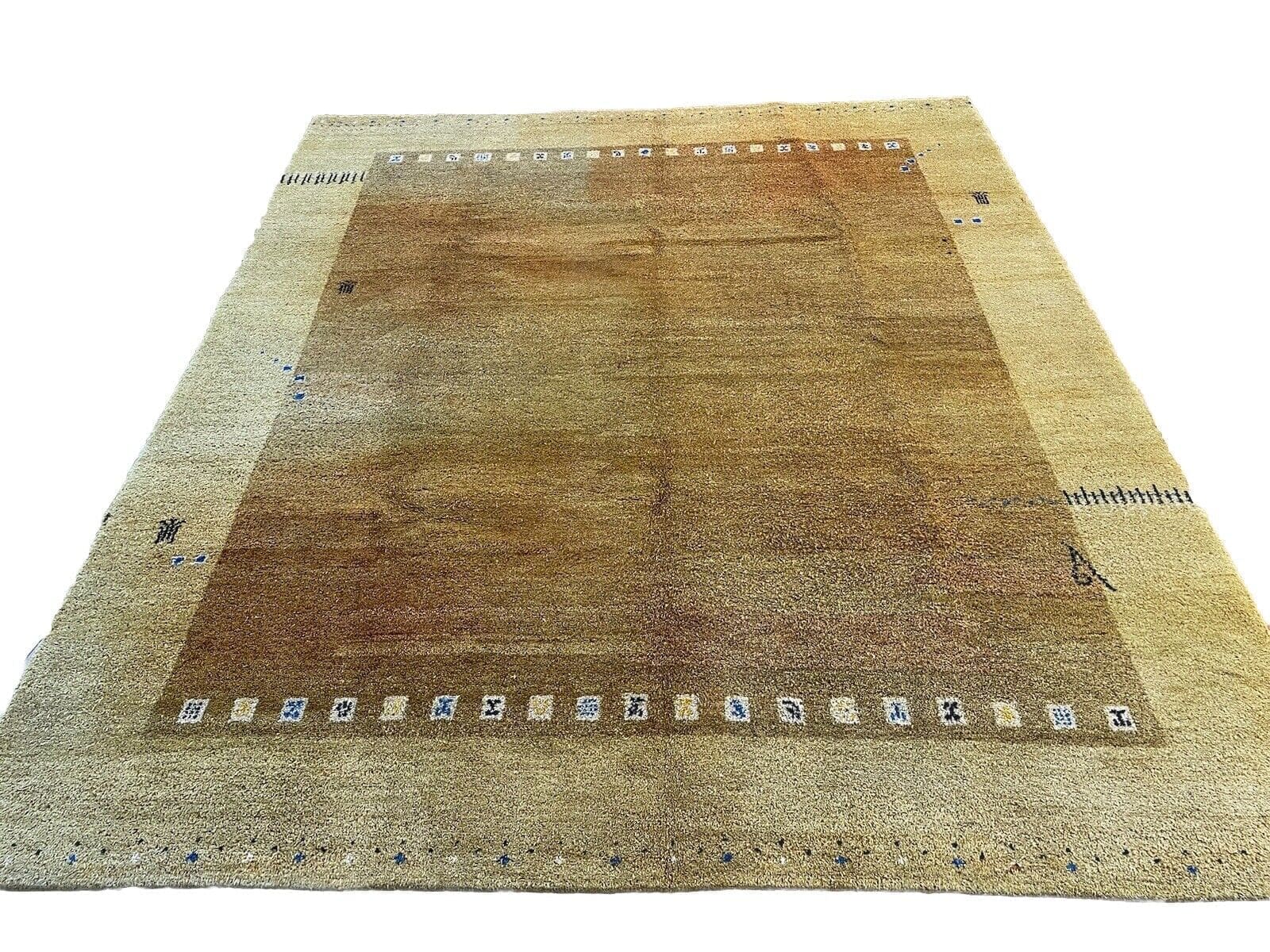 (Verkauft) Gabbeh Teppich 300x250 cm - Handgesponnene Wolle, Gelbes Landschaftsmuster, Fußbodenheizungs geeignet – Handgeknüpft, Perserteppich