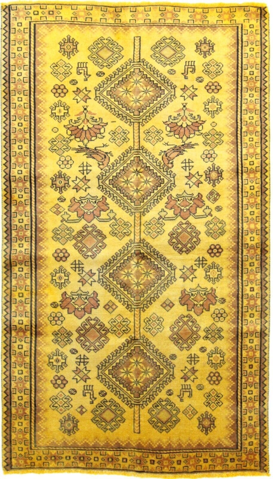 Handgeknüpfter Shiraz Ghashghai Perserteppich 200 x 113 cm - Edler goldfarbener Orientteppich mit komplexen Mustern - 100% Handarbeit