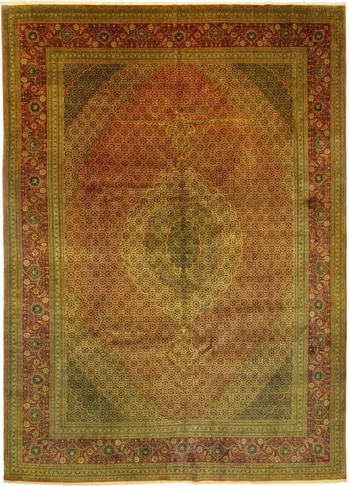 Handgeknüpfter Täbriz Mahi 50 Raj Perserteppich – 343 x 241 cm – Edle Goldfarbe mit geometrischen und floralen Mustern