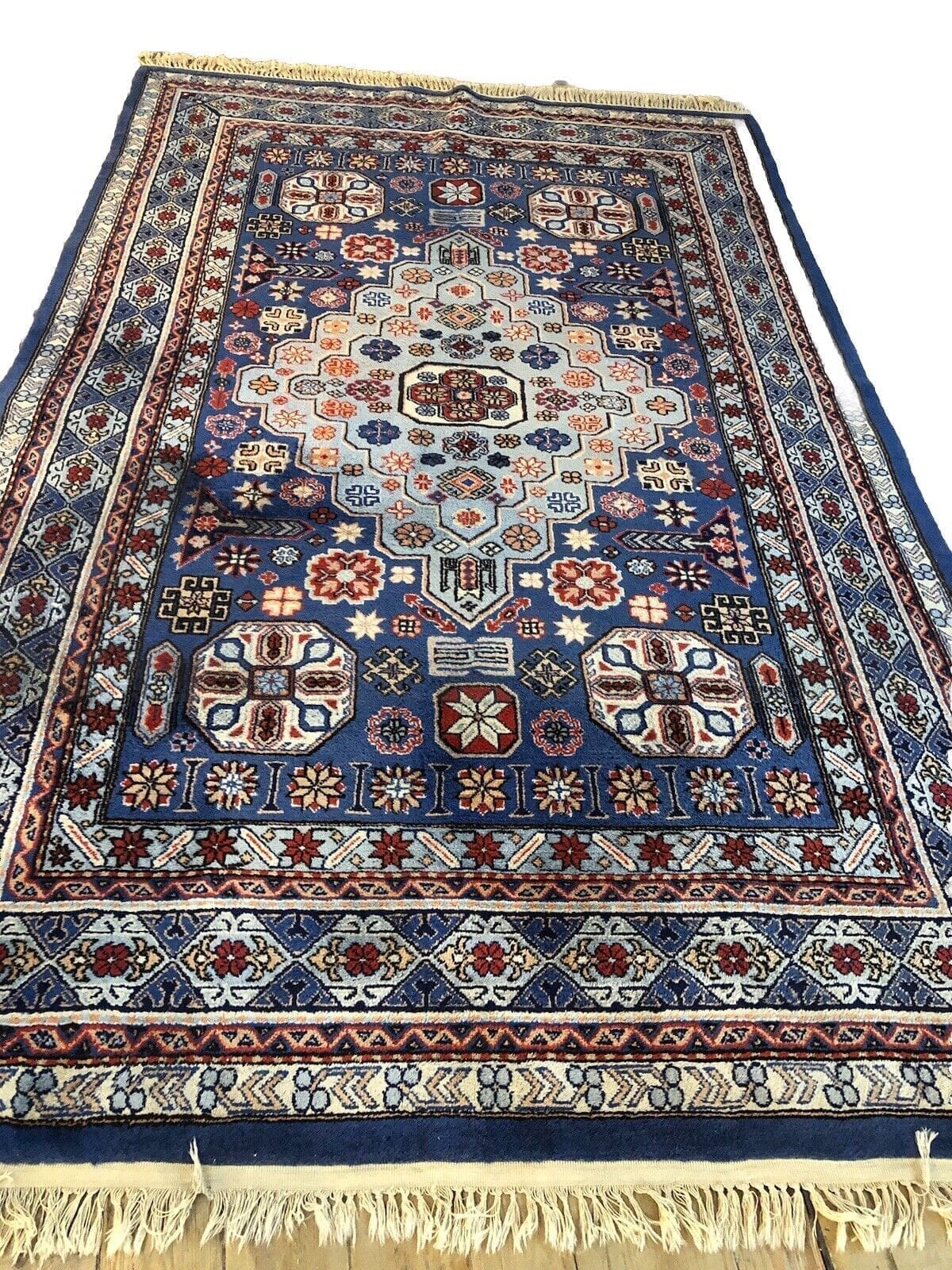 Hochwertiger handgeknüpfter Perserteppich 300x200 cm – Seltenes Kazak-Design aus dem frühen 20. Jahrhundert, Wolle, für Fußbodenheizung geeignet, elegant in Blau-Türkis,...