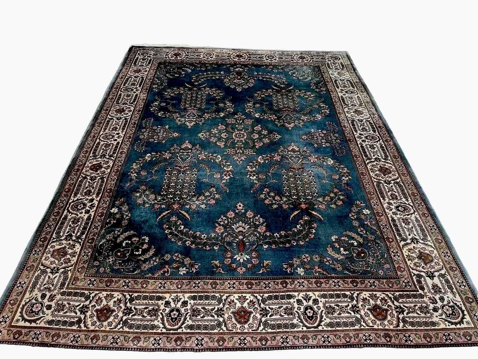 Kaschmir Perserteppich 335x250 cm - Hochwertige Schurwolle, Blau Petrol, Handgeknüpft