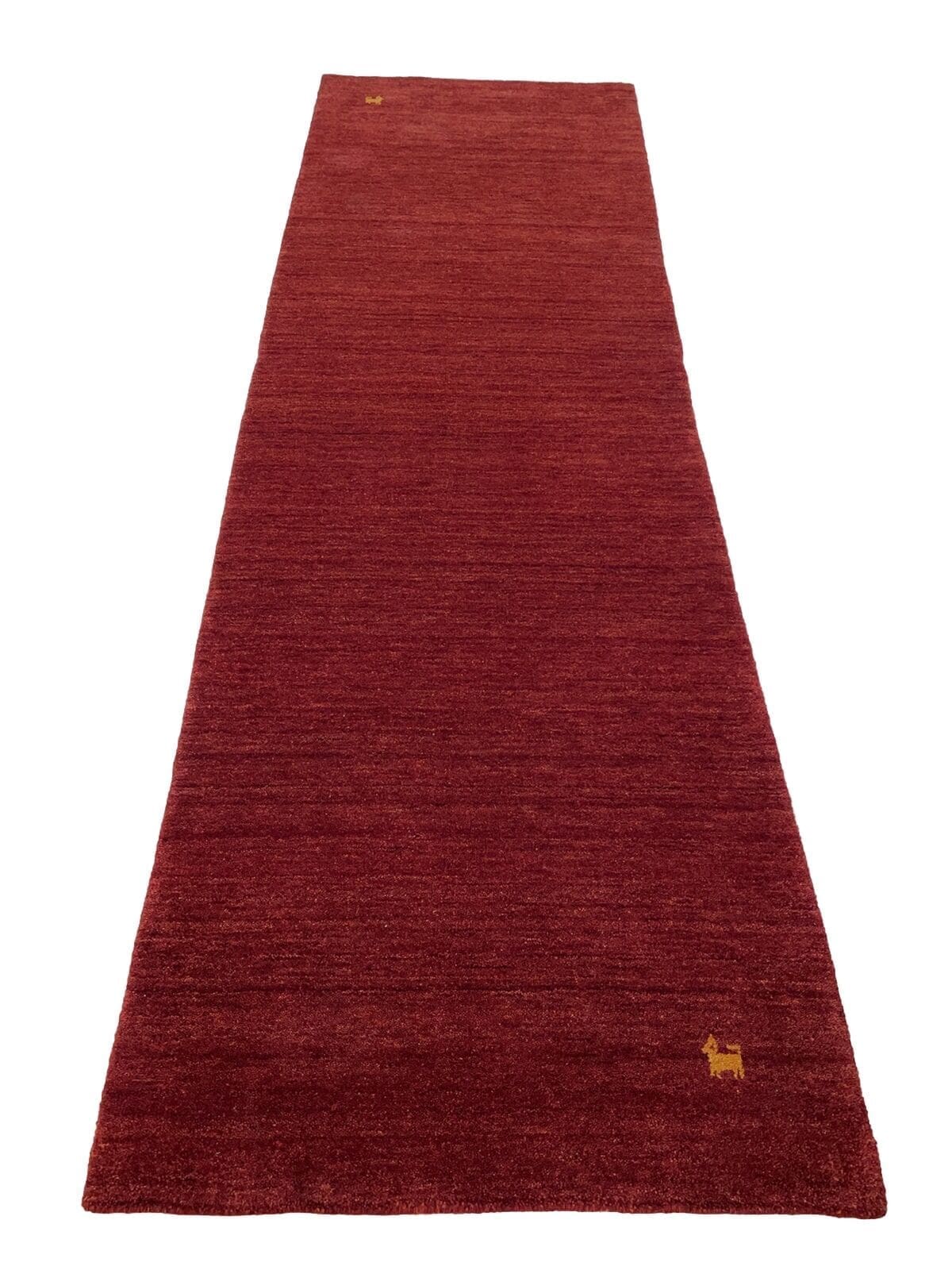 Klassischer Gabbeh Teppich 270x83 cm – Schönes Rot mit dekorierten Ecken, schmaler Bordüre, traditionelles Design, Florhöhe 1-3 cm – handgeknüpft, Perserteppich Läufer