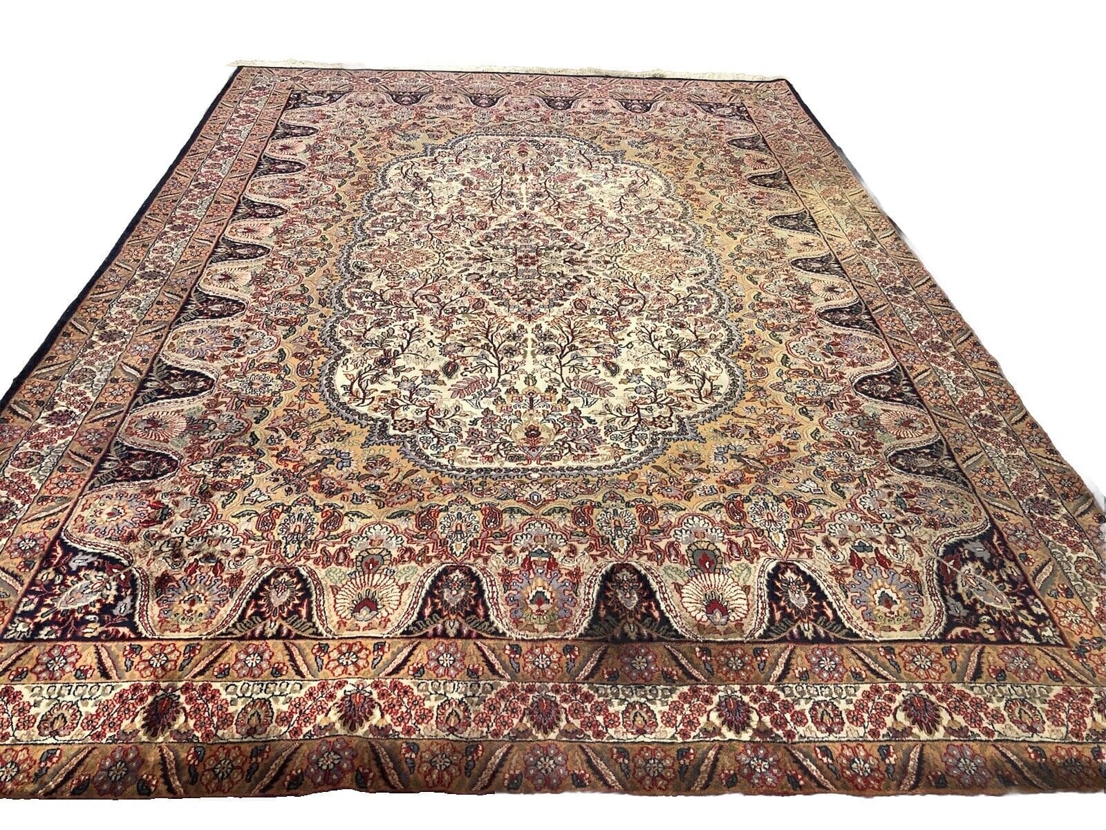 **Klassischer Kaschmir Perserteppich 360x250 cm – Florales Design mit roter Bordüre, super bearbeitete Schurwolle, handgeknüpft**