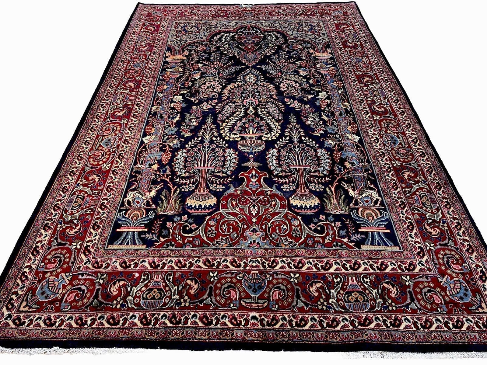 Klassischer Sarough Farahan Perserteppich 300x200cm, Alter 25-50 Jahre, Feinheit, Roter Untergrund mit blauer Bordüre und floralen Ornamenten, handgeknüpft, Perserteppich