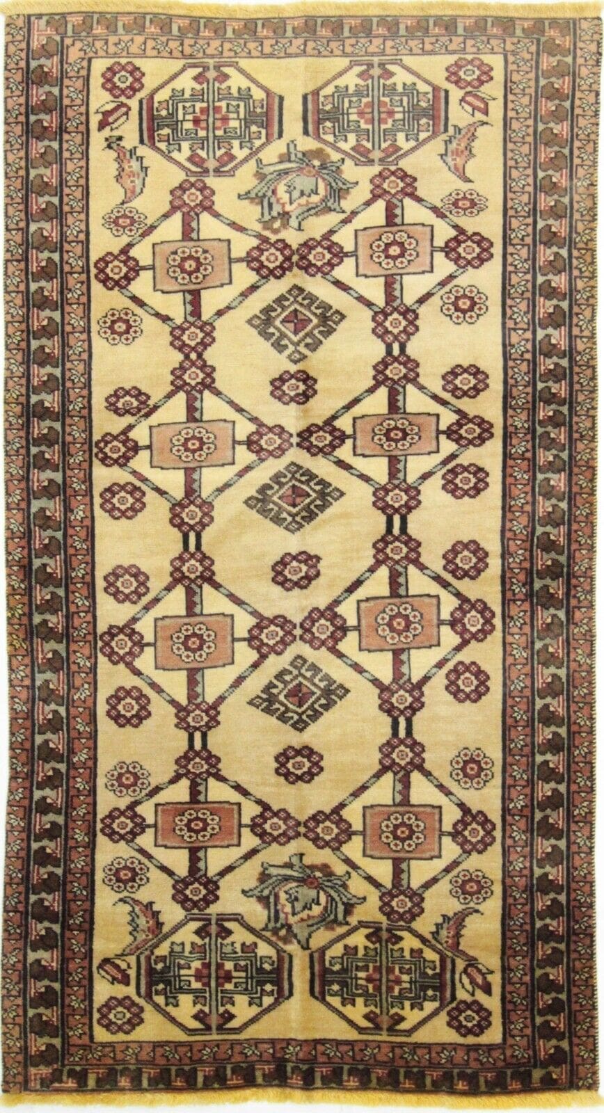 Luxuriöser Handgeknüpfter Shiraz Ghashghai Perserteppich - 202 x 110 cm - Edles Gold mit Geometrischen Mustern - Handarbeit