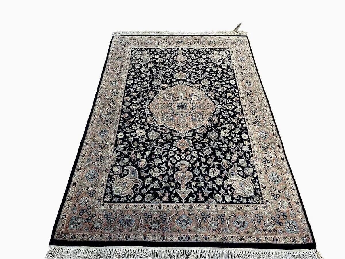 Perserteppich 185x120 cm - Sehr feiner Kashmir, handgeknüpft, Top-Qualität, 100% Schurwolle, lebendige Blautöne, traditionelles Medaillon-Design, handgeknüpft