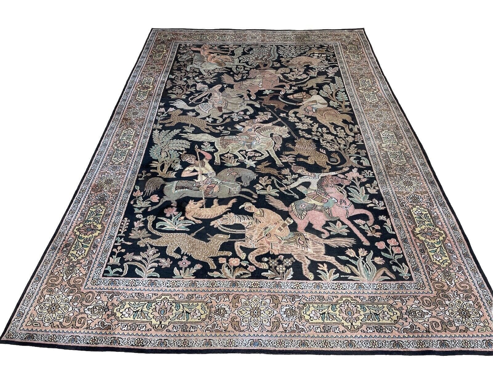 Perserteppich 270 x 185 cm – Alter Kaschmir, Reine Seide, Handgeknüpft, Jagt Muster, Fußbodenheizung geeignet