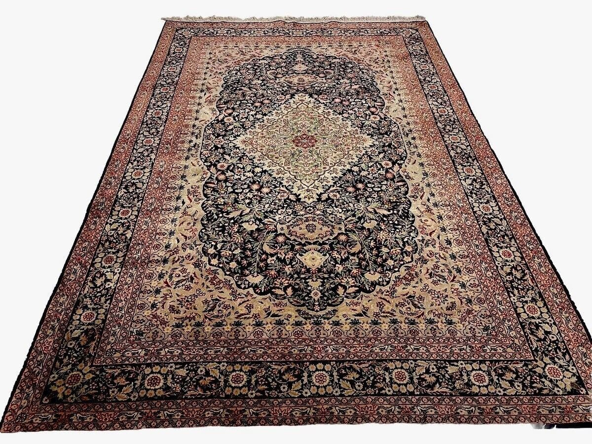 Perserteppich "Garten Von Eden" 296x206 cm – Handgeknüpft aus 100% reiner Schurwolle, geblümtes Muster in Blautönen, Florhöhe 10mm – handgeknüpft