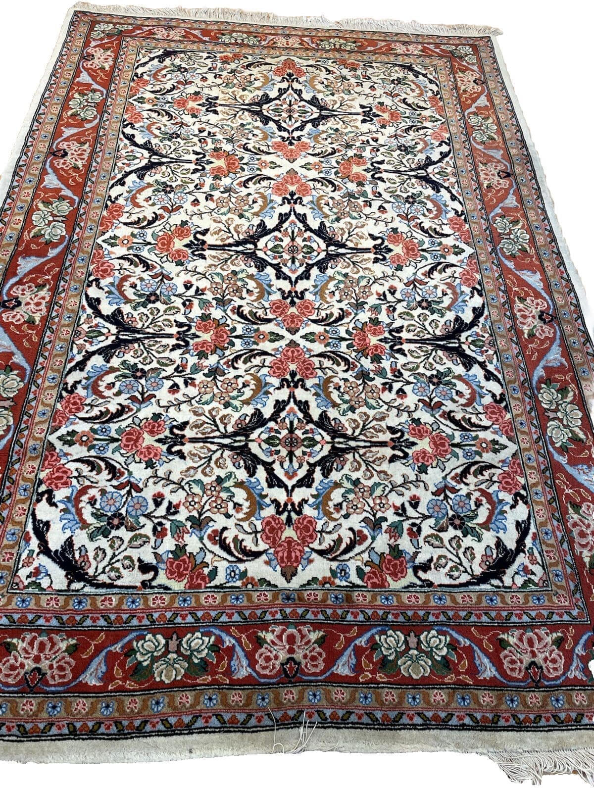 Perserteppich Tabriz Antik 203x140 cm - Seltenes Design mit schönem Medallion und schmaler roter Bordüre - Handgeknüpft