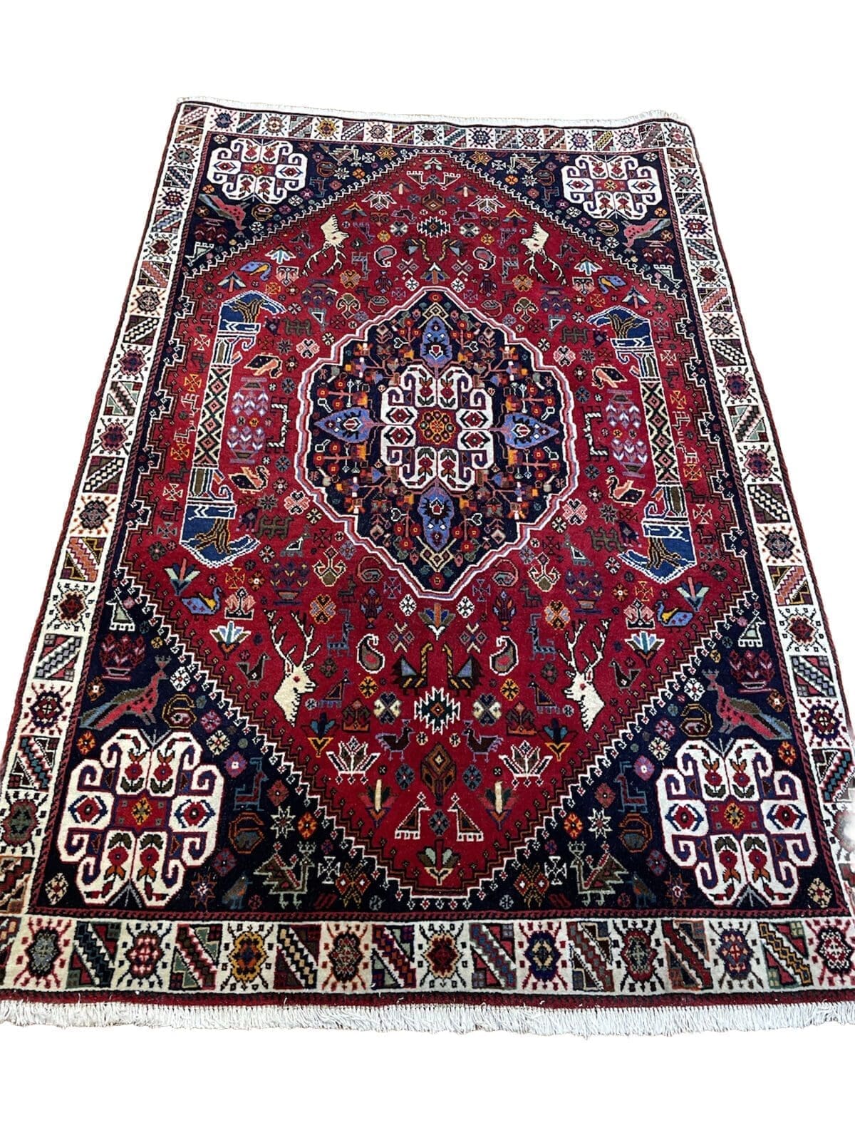 Super Feiner Ghashgai Perserteppich 164x100 cm – Geometrisches Nomaden-Design mit schmaler beige Bordüre, 25-40 Jahre alt, Florhöhe 1-3 cm, handgeknüpft Perserteppich