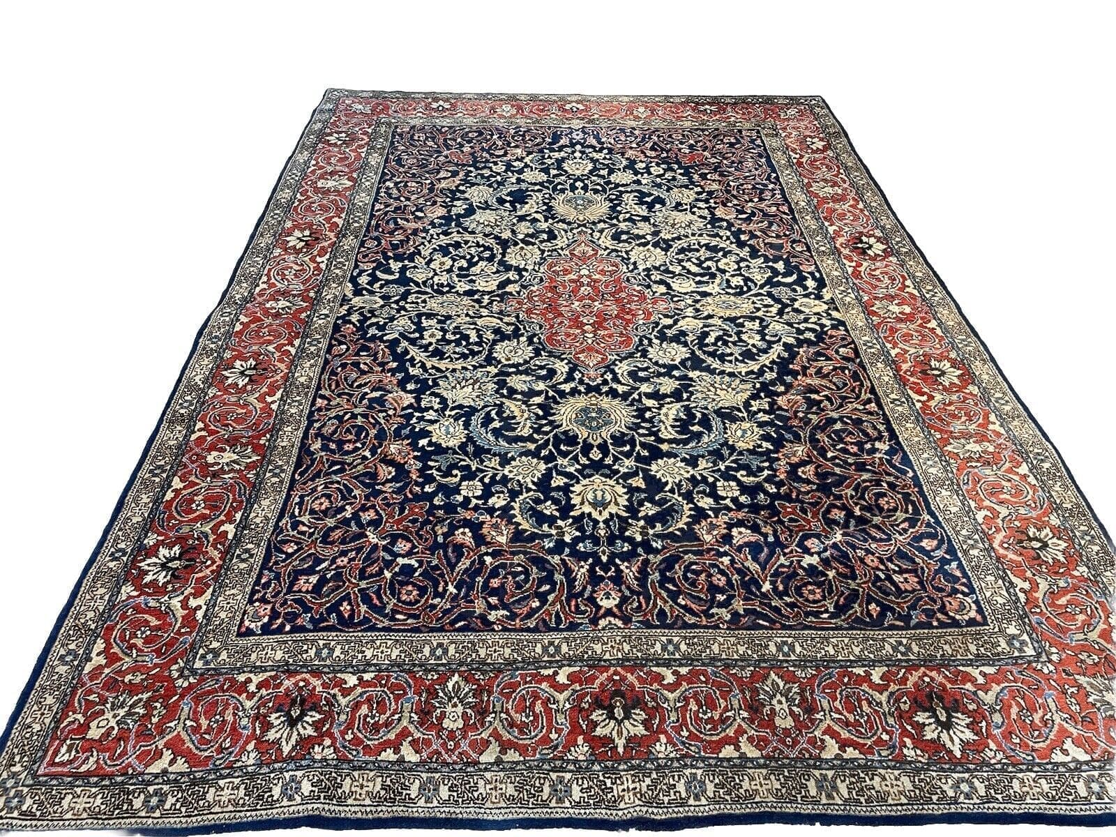 UNIKAT Wunderschöner Sarough Perserteppich 310x220cm - Antikes Design mit klassischem Blumenmuster in Blau, 7mm Florhöhe, handgeknüpft, Perserteppich