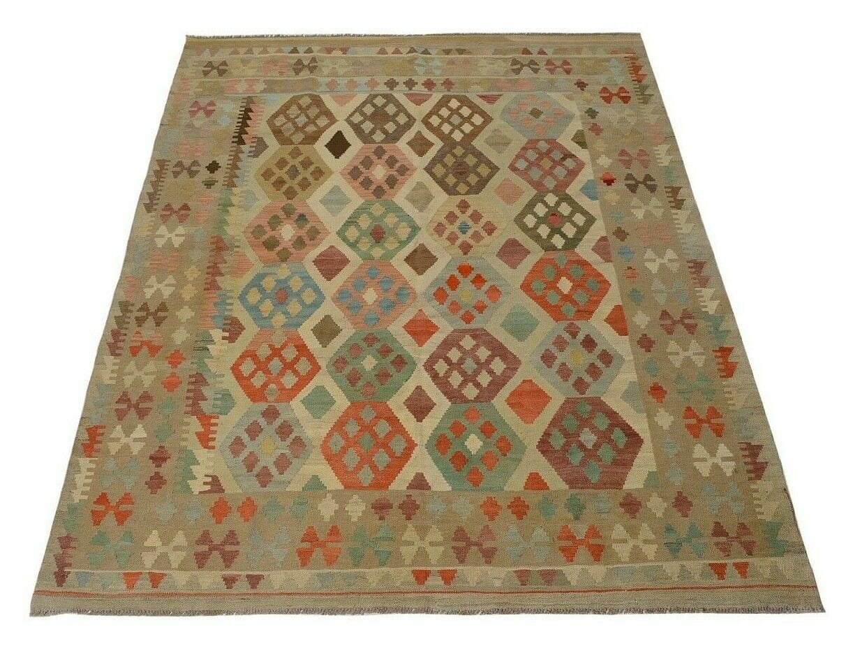 Afghan Kelim 233 x 175 cm handgewebt in Pastellfarben, neu