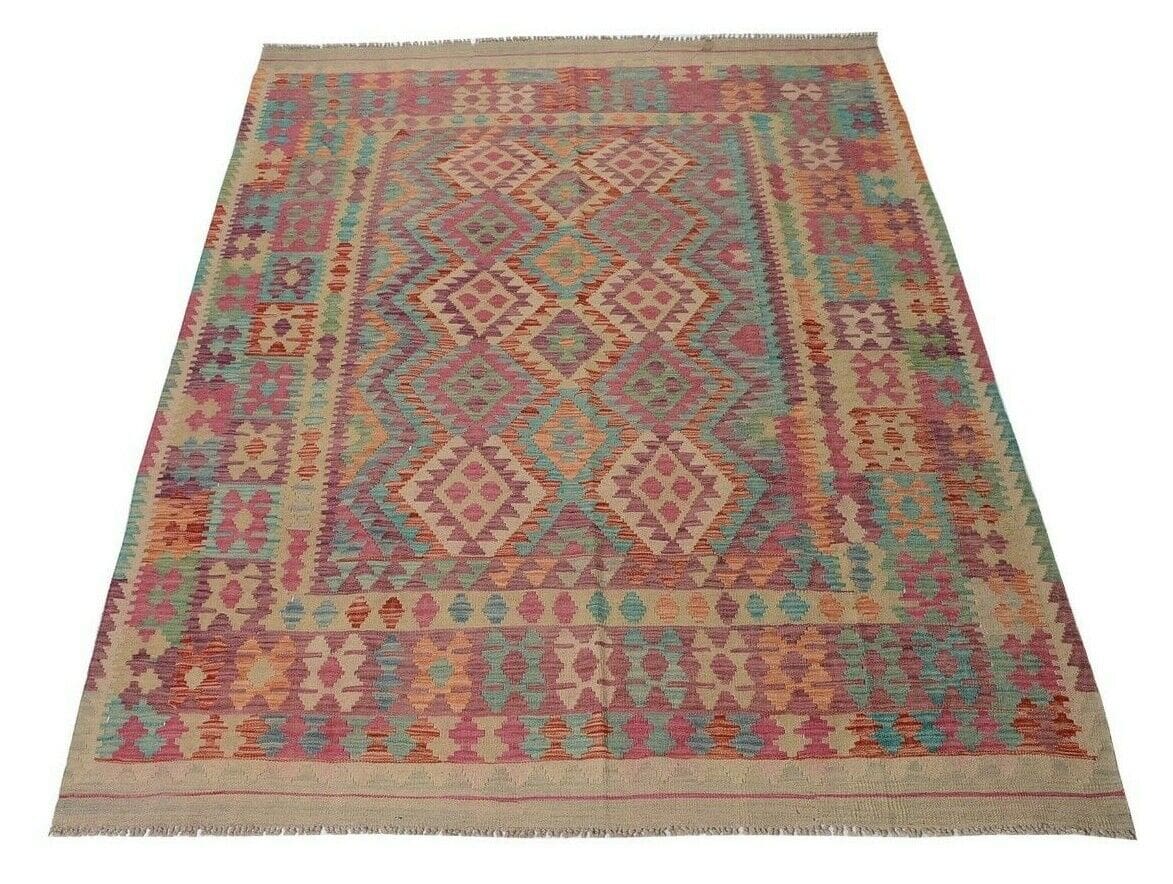 Afghan Kelim 244x184 cm Handgewebt Geometrisch Pastell Orientteppich