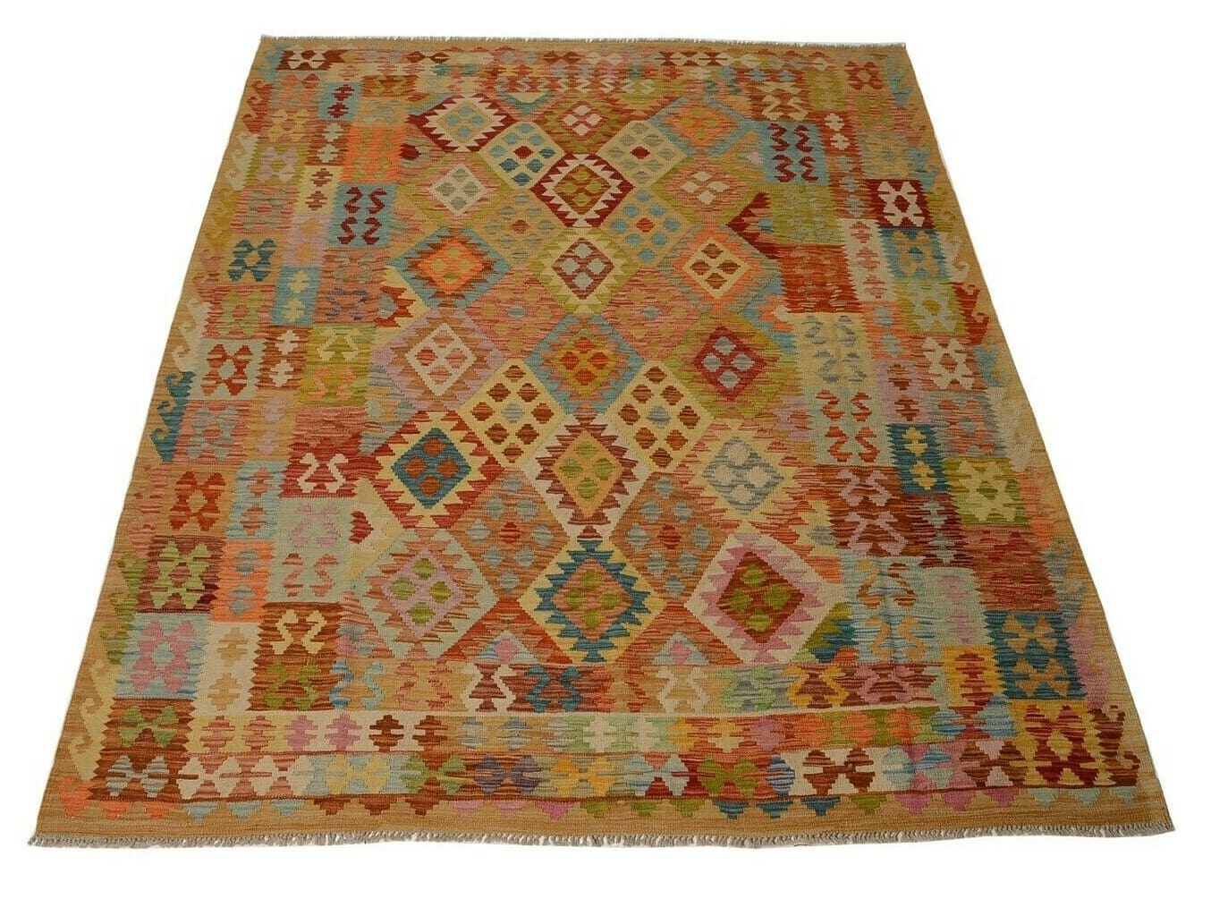 Afghan Kelim 250 x 200 cm handgewebt, geometrisch, Pastellfarben