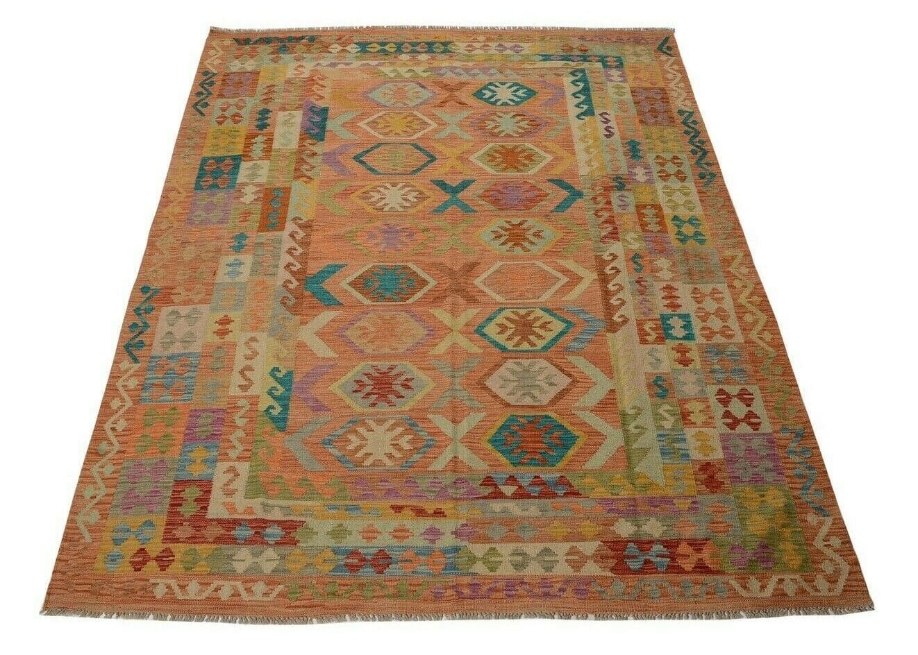 Afghan Kelim 257 x 198 cm handgewebt in pastellfarbenem Design