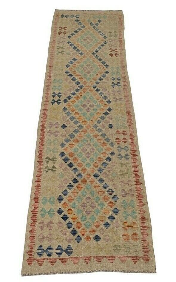Afghan Kelim 299x76 cm geometrisch Pastell handgewebt
