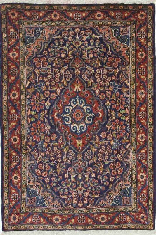 Chozan Malayer Teppich 103x71 cm, marine, handgeknüpft, Perserteppich
