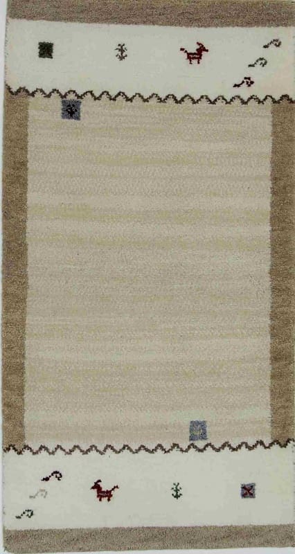 Gabbeh Teppich 142x71 cm – cremefarben, geometrisches Muster, handgeknüpft