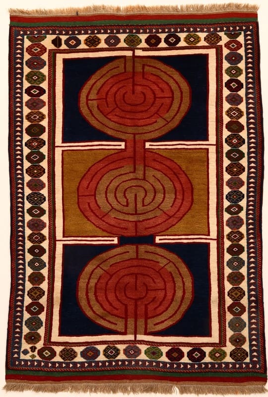 Gabbeh Teppich 236x159 cm, geometrisch, orange-gelb, handgeknüpft