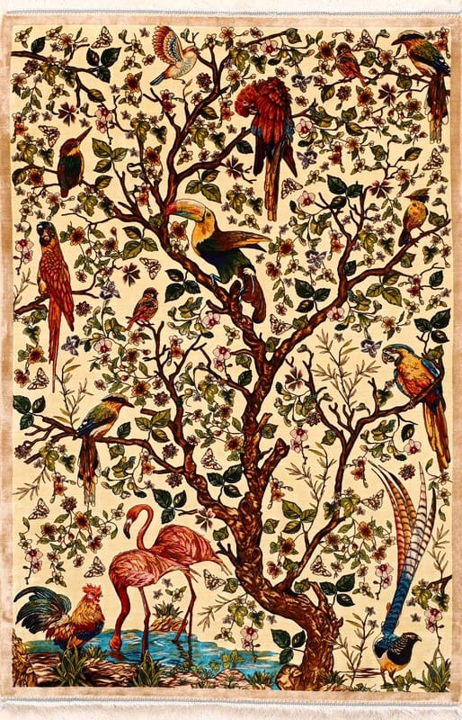 Ghom Dahlia Teppich 122x81 cm, Seidenteppich in Weiß/Beige, Perserteppich