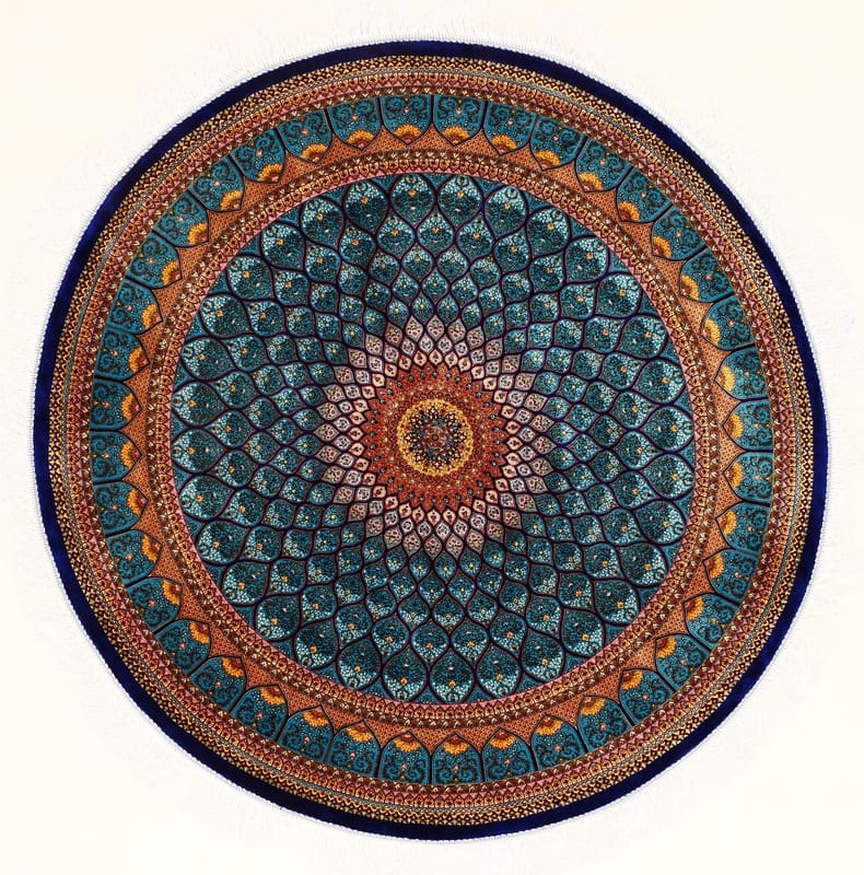 Ghom Rundteppich 202x201 cm – Blau Türkis, Seide, Perserteppich