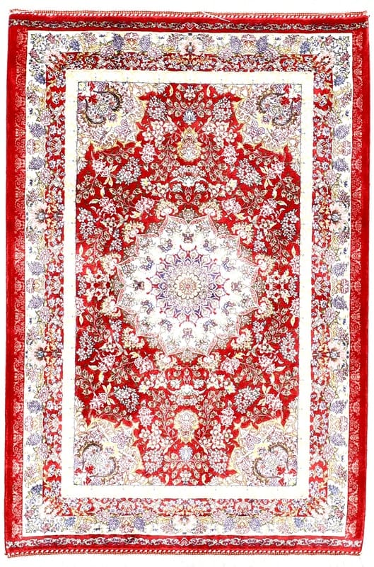 Ghom Seidenteppich 92x61 cm, Rot/Orange, handgeknüpft, Perserteppich