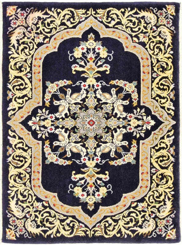 Ghom Teppich 100x71 cm, handgeknüpft, aus feiner Seide, Luxus-Design